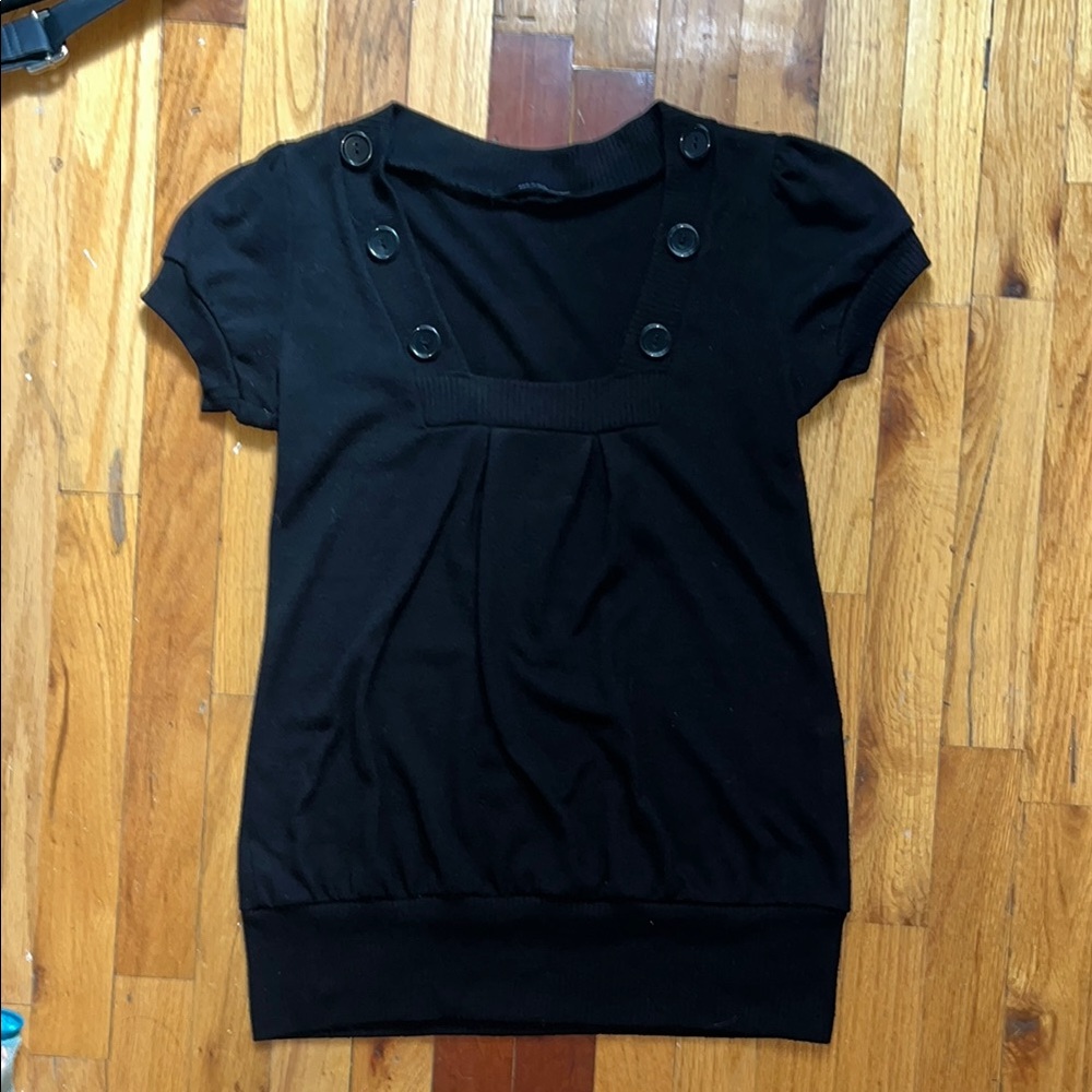 Black Short Sleeve Top with Button Accents